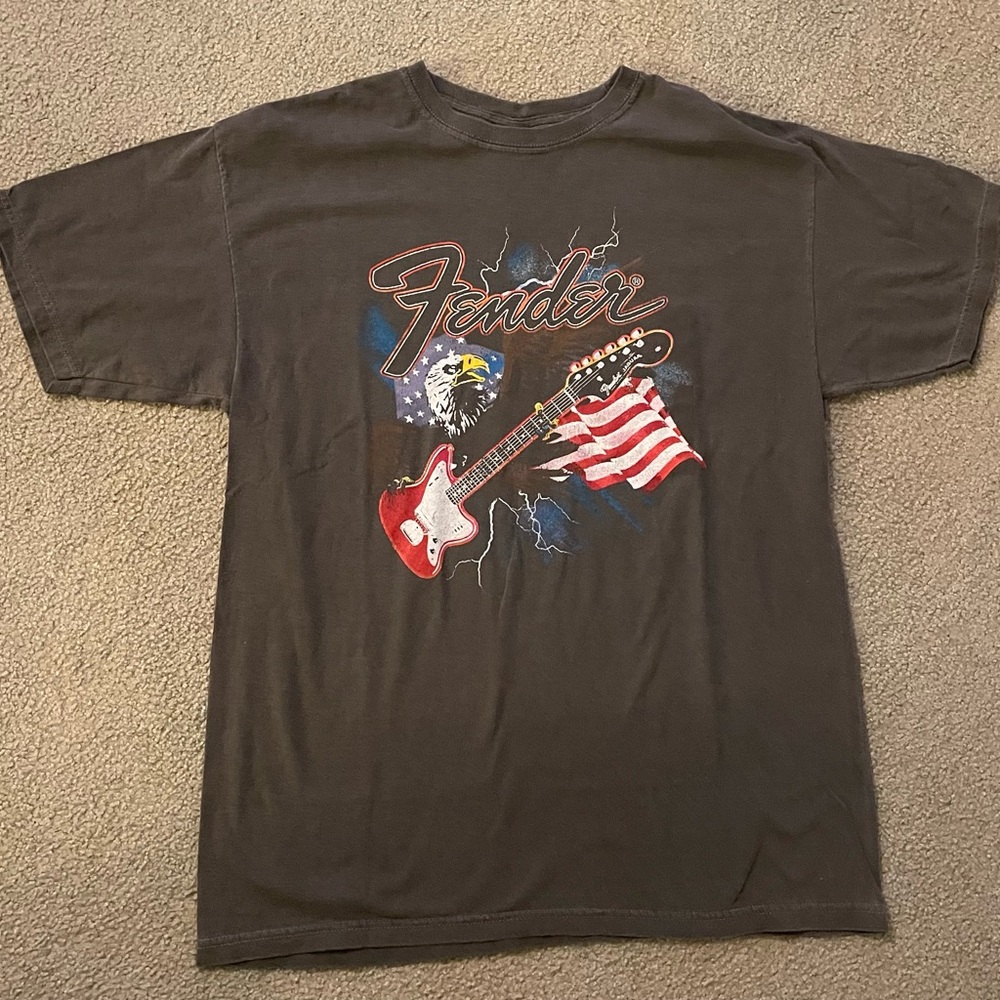 Fender Black Tee with Red Guitar and American Flag Graphic